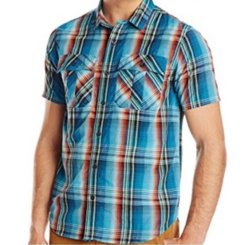 Prana Ostend Short Sleeve Button Down Shirt Men’s Size Large in Teal Blue EUC!
